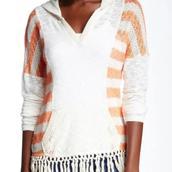Miss Me Size Medium Stripe Knit Hooded Sweater Crochet Fringe Boho Gauze Cream - Picture 2 of 9